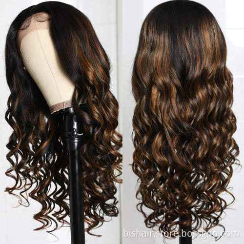 1B/30 Gradient Wavy Lace Forehead Brown Bright Color T Part Lace Real Human Hair Wig, 13X1T Lace Brown Gold Wig, 150% Density